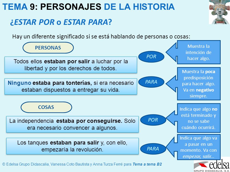 ¿ESTAR POR o ESTAR PARA Hay un diferente significado si se está hablando de personas o cosas: Muestra la intención de hacer algo.