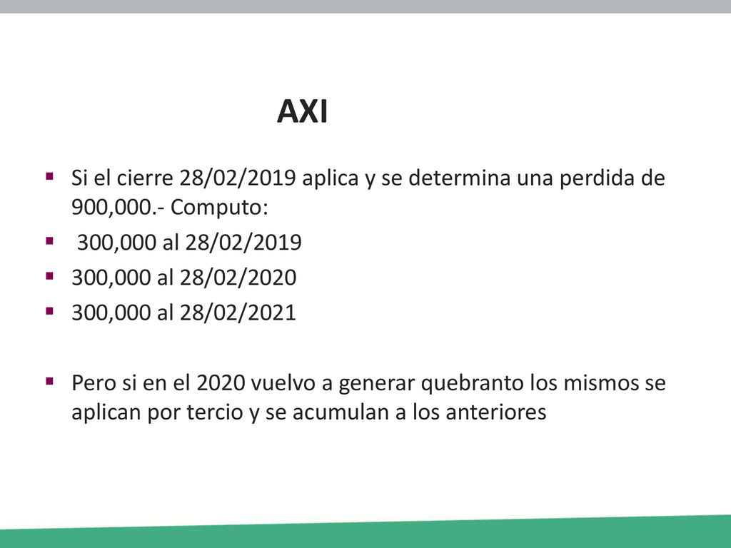 AXI Si el cierre 28/02/2019 aplica y se determina una perdida de 900,000.- Computo: 300,000 al 28/02/2019.