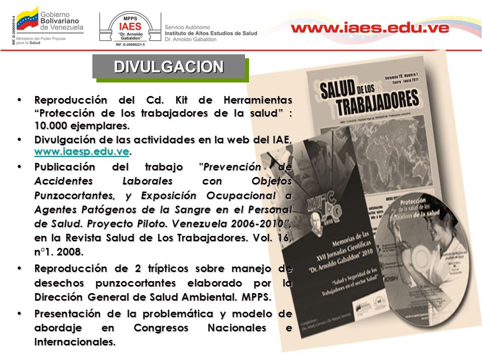 DIVULGACION Reproducción del Cd. Kit de Herramientas Protección de los trabajadores de la salud : ejemplares.