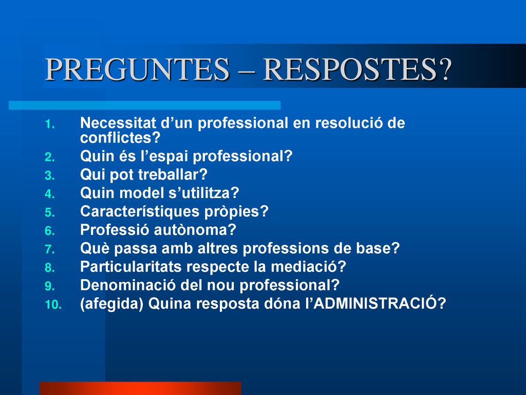 PREGUNTES – RESPOSTES Necessitat d’un professional en resolució de conflictes Quin és l’espai professional
