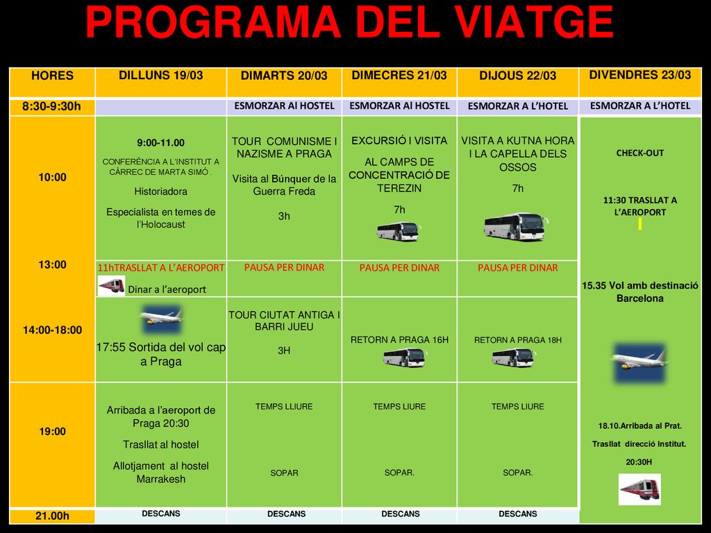PROGRAMA DEL VIATGE HORES DILLUNS 19/03 DIMARTS 20/03 DIMECRES 21/03