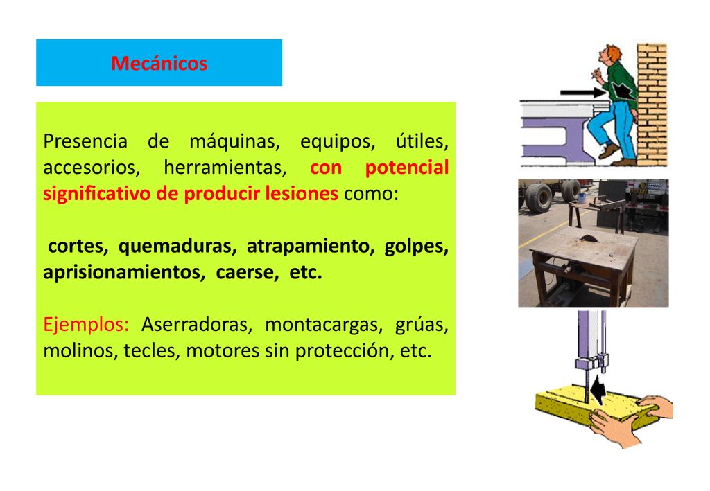 Mecánicos Presencia de máquinas, equipos, útiles, accesorios, herramientas, con potencial significativo de producir lesiones como: