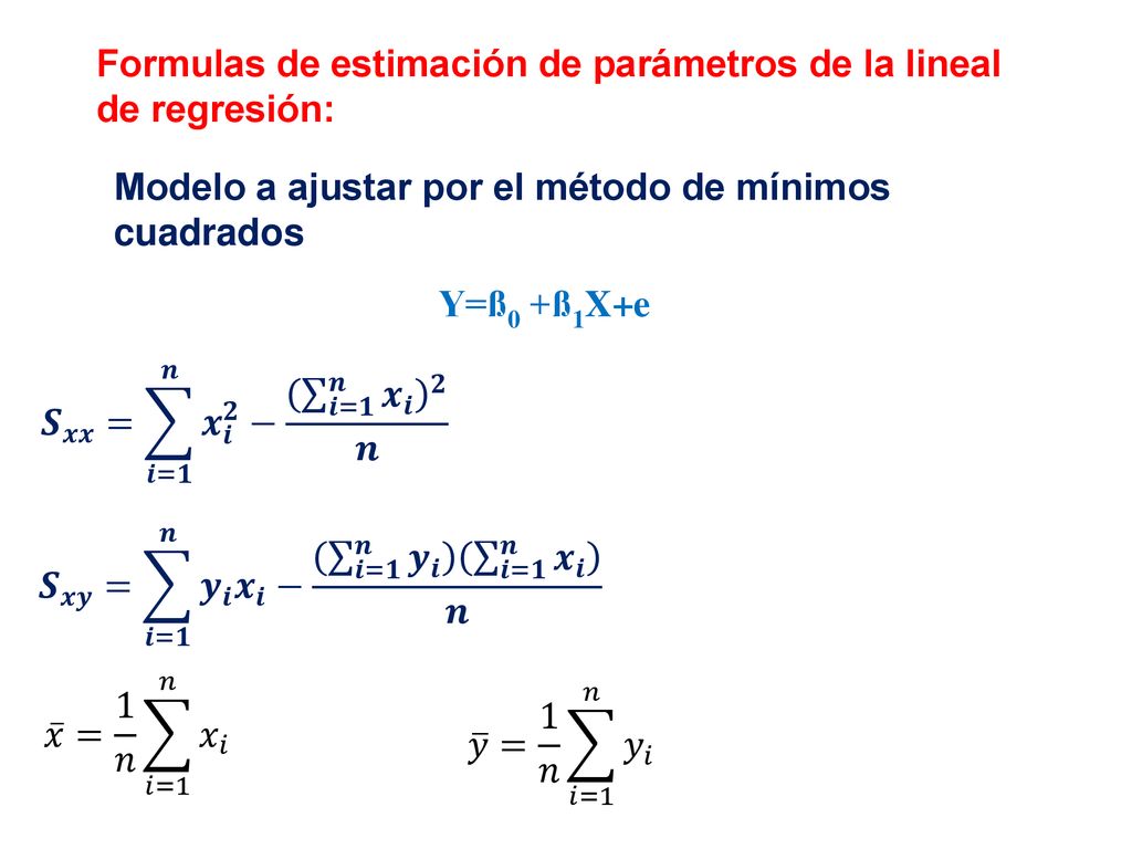 Formulas de estimación de parámetros de la lineal de regresión: