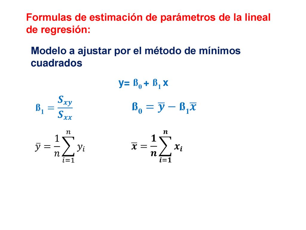 Formulas de estimación de parámetros de la lineal de regresión: