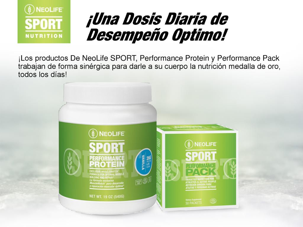 ¡Los productos De NeoLife SPORT, Performance Protein y Performance Pack trabajan de forma sinérgica para darle a su cuerpo la nutrición medalla de oro, todos los días!