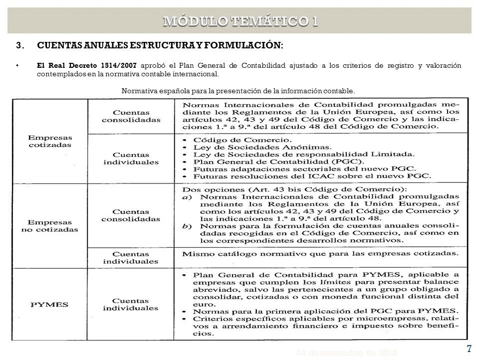 Normativa española para la presentación de la información contable.