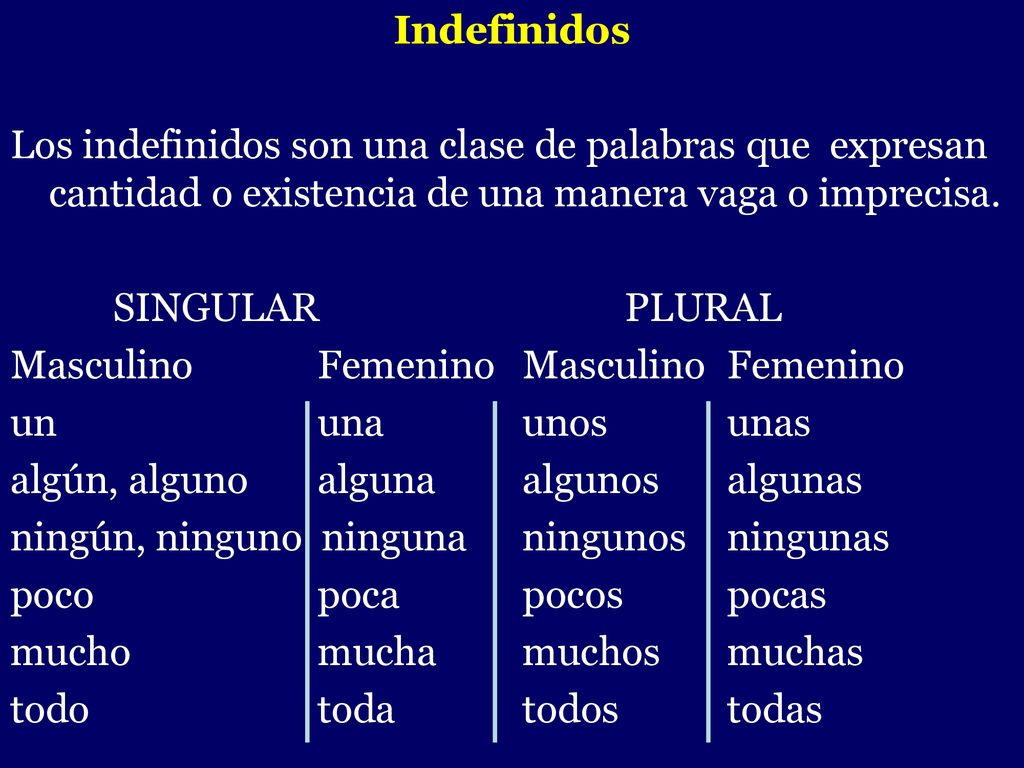 Indefinidos Los indefinidos son una clase de palabras que expresan cantidad o existencia de una manera vaga o imprecisa.