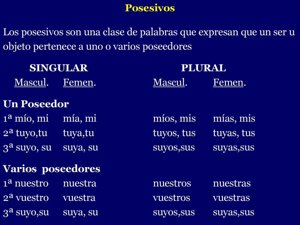 Posesivos Los posesivos son una clase de palabras que expresan que un ser u. objeto pertenece a uno o varios poseedores.