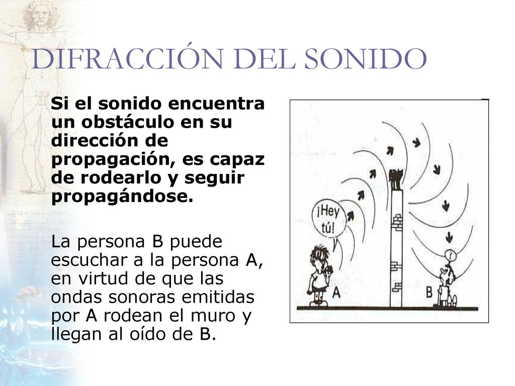 DIFRACCIÓN DEL SONIDO Si el sonido encuentra un obstáculo en su dirección de propagación, es capaz de rodearlo y seguir propagándose.