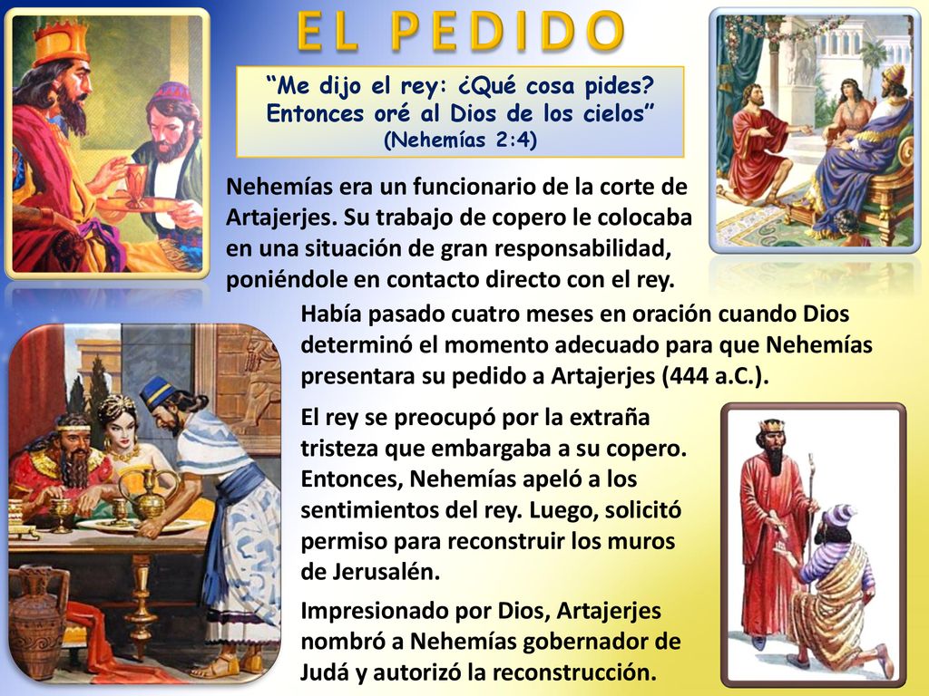 EL PEDIDO Me dijo el rey: ¿Qué cosa pides Entonces oré al Dios de los cielos (Nehemías 2:4)