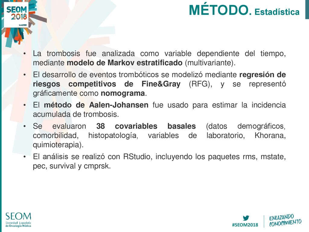 MÉTODO. Estadística La trombosis fue analizada como variable dependiente del tiempo, mediante modelo de Markov estratificado (multivariante).