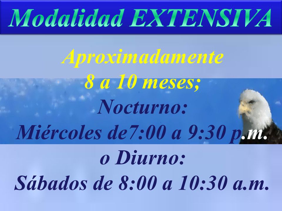 Aproximadamente 8 a 10 meses; Nocturno: Miércoles de7:00 a 9:30 p.m.