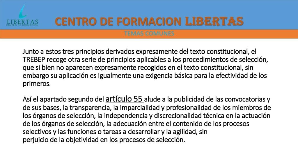 Junto a estos tres principios derivados expresamente del texto constitucional, el TREBEP recoge otra serie de principios aplicables a los procedimientos de selección, que si bien no aparecen expresamente recogidos en el texto constitucional, sin embargo su aplicación es igualmente una exigencia básica para la efectividad de los primeros.
