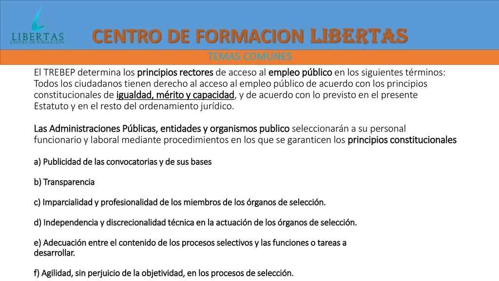 El TREBEP determina los principios rectores de acceso al empleo público en los siguientes términos: Todos los ciudadanos tienen derecho al acceso al empleo público de acuerdo con los principios constitucionales de igualdad, mérito y capacidad, y de acuerdo con lo previsto en el presente Estatuto y en el resto del ordenamiento jurídico.