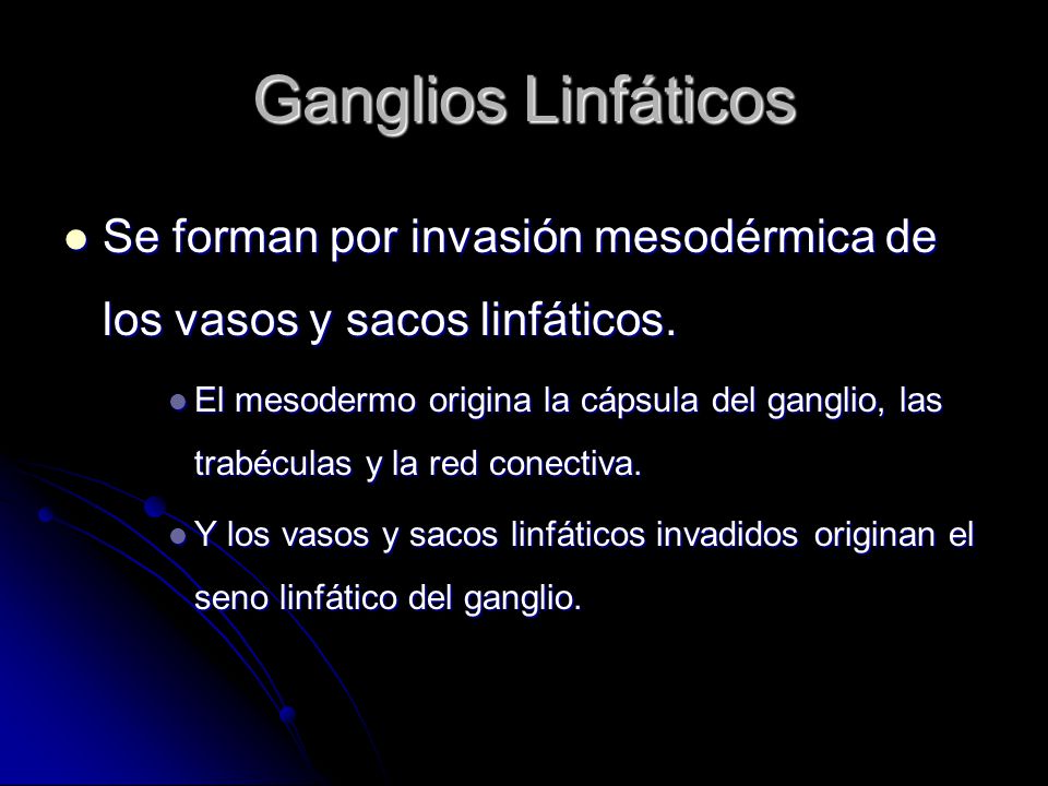 Ganglios Linfáticos Se forman por invasión mesodérmica de los vasos y sacos linfáticos.