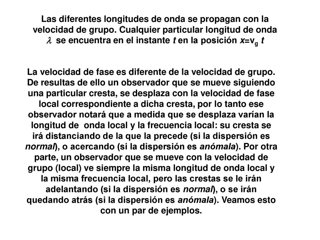 Las diferentes longitudes de onda se propagan con la velocidad de grupo. Cualquier particular longitud de onda l se encuentra en el instante t en la posición x=vg t