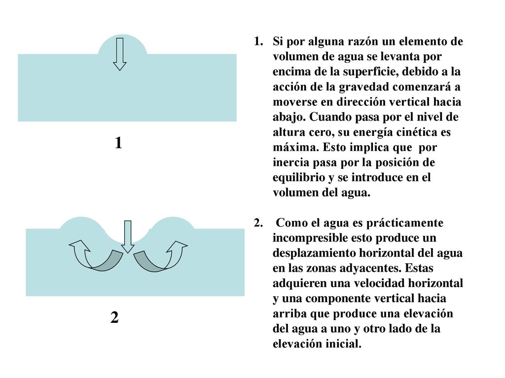 Si por alguna razón un elemento de volumen de agua se levanta por encima de la superficie, debido a la acción de la gravedad comenzará a moverse en dirección vertical hacia abajo. Cuando pasa por el nivel de altura cero, su energía cinética es máxima. Esto implica que por inercia pasa por la posición de equilibrio y se introduce en el volumen del agua.
