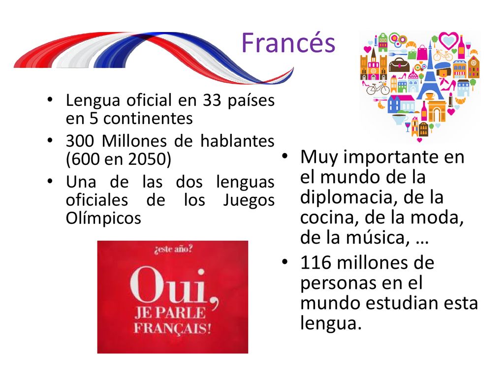 Francés Lengua oficial en 33 países en 5 continentes. 300 Millones de hablantes (600 en 2050)