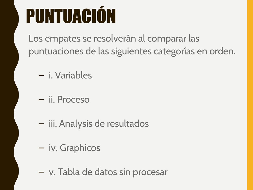 PUNTUACIÓN Los empates se resolverán al comparar las puntuaciones de las siguientes categorías en orden.