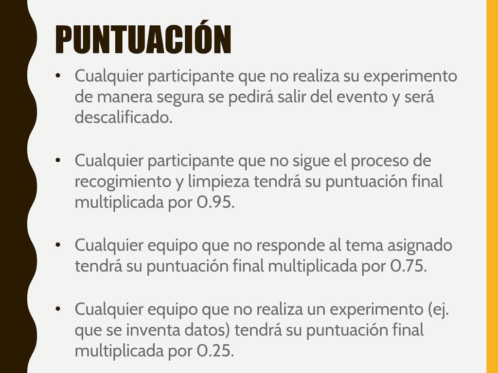 PUNTUACIÓN Cualquier participante que no realiza su experimento de manera segura se pedirá salir del evento y será descalificado.