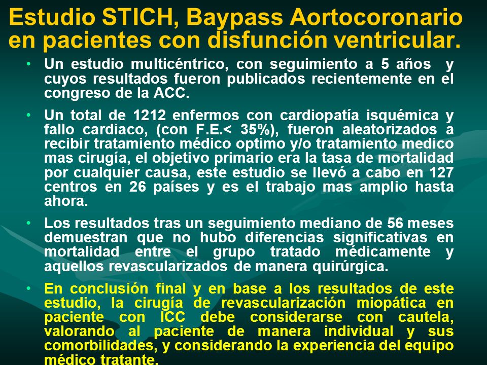 Estudio STICH, Baypass Aortocoronario en pacientes con disfunción ventricular.
