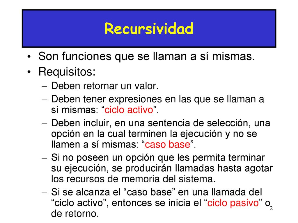 Recursividad Son funciones que se llaman a sí mismas. Requisitos: