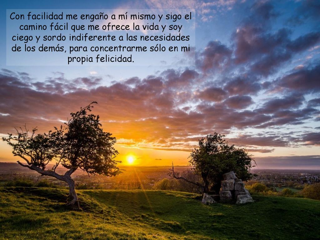 Con facilidad me engaño a mí mismo y sigo el camino fácil que me ofrece la vida y soy ciego y sordo indiferente a las necesidades de los demás, para concentrarme sólo en mi propia felicidad.