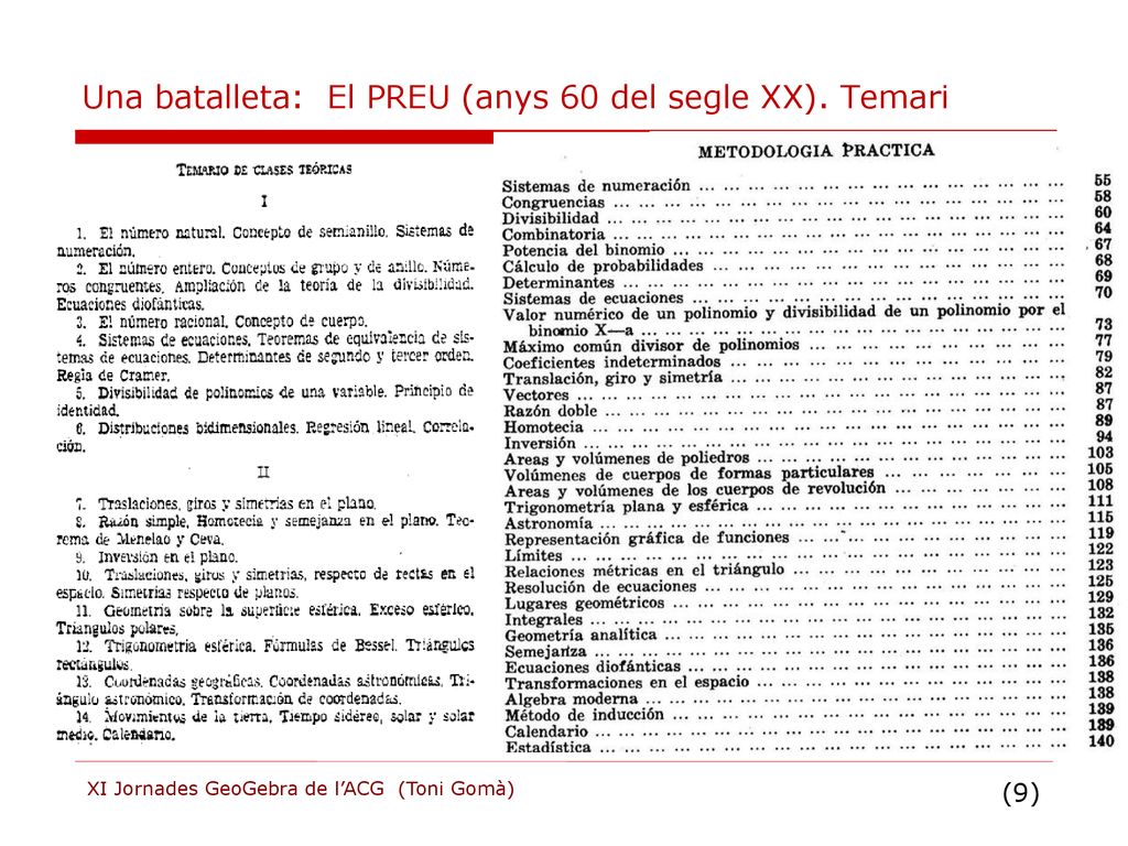 Una batalleta: El PREU (anys 60 del segle XX). Temari