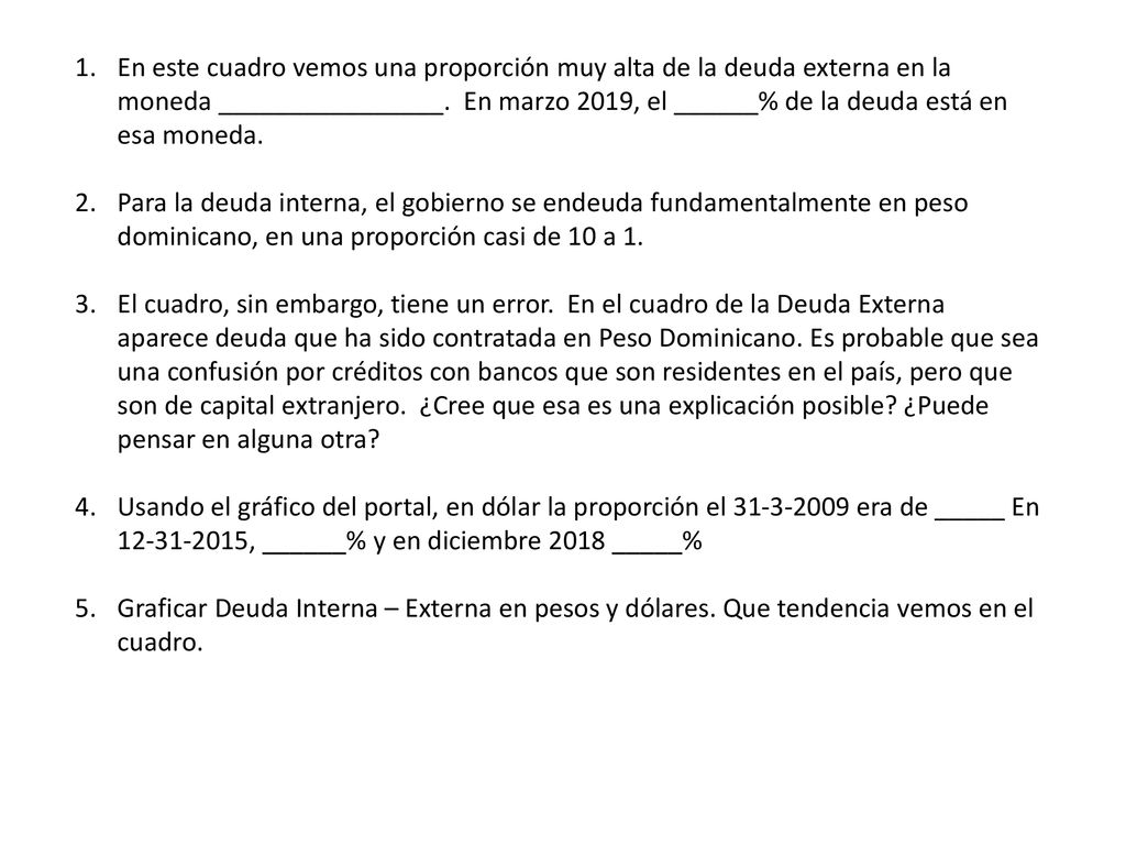 En este cuadro vemos una proporción muy alta de la deuda externa en la moneda ________________. En marzo 2019, el ______% de la deuda está en esa moneda.