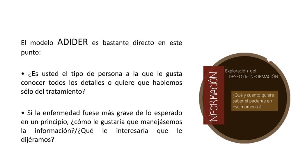 El modelo ADIDER es bastante directo en este punto: • ¿Es usted el tipo de persona a la que le gusta conocer todos los detalles o quiere que hablemos sólo del tratamiento.