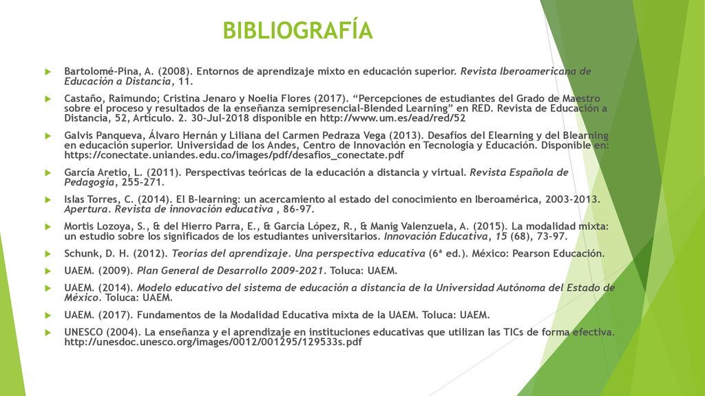 BIBLIOGRAFÍA Bartolomé-Pina, A. (2008). Entornos de aprendizaje mixto en educación superior. Revista Iberoamericana de Educación a Distancia, 11.