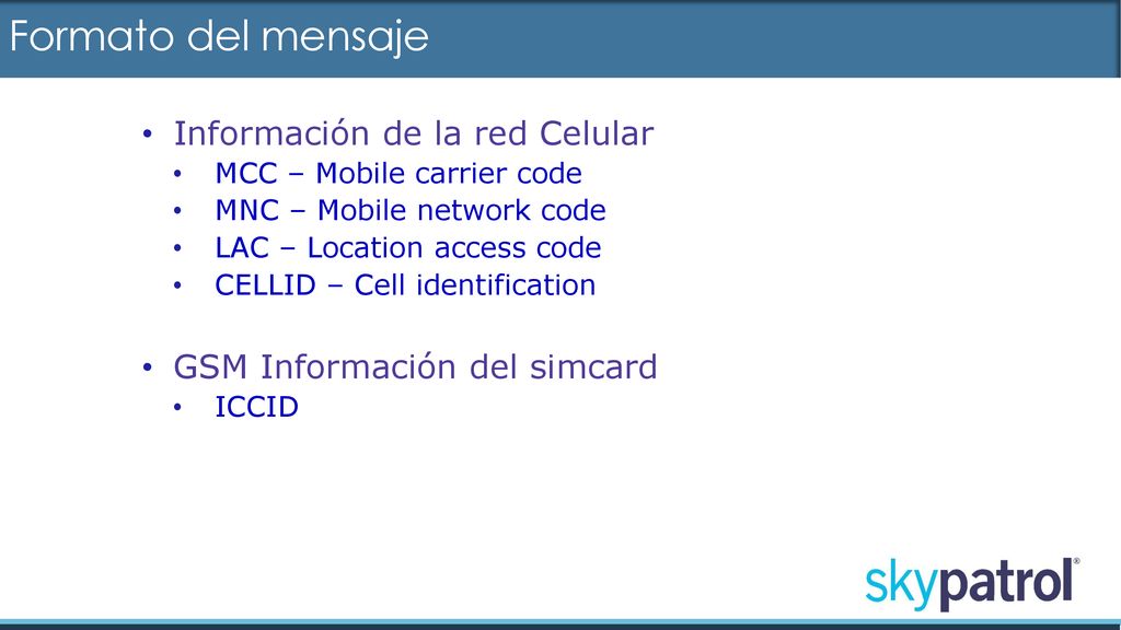 Formato del mensaje Información de la red Celular