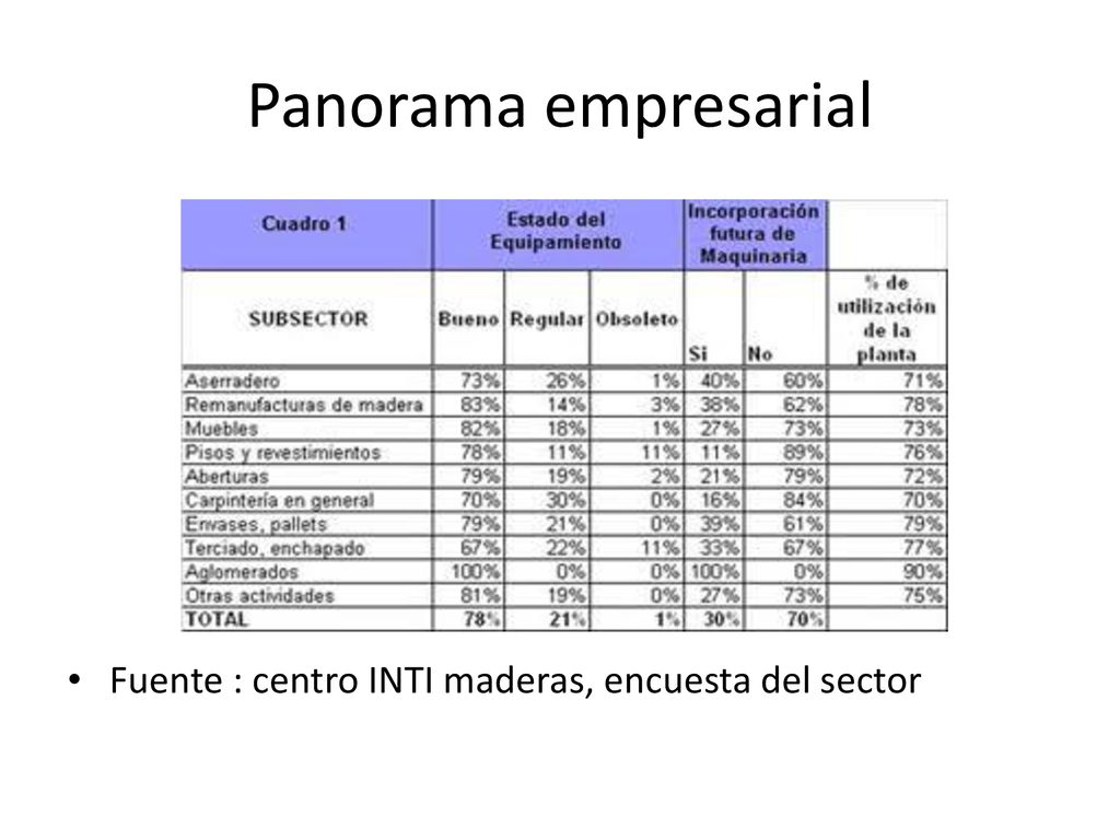 Panorama empresarial Fuente : centro INTI maderas, encuesta del sector
