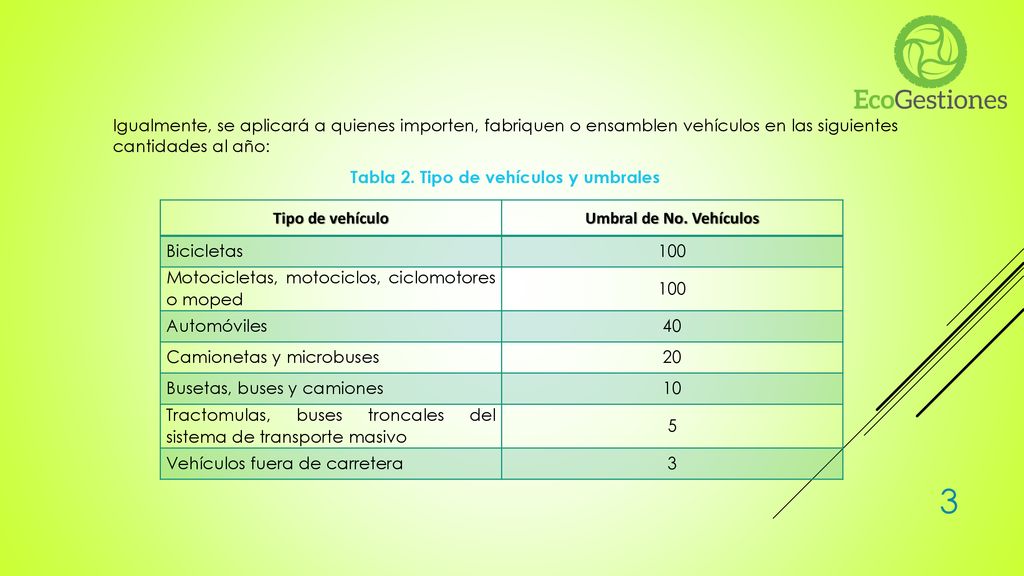 Tabla 2. Tipo de vehículos y umbrales