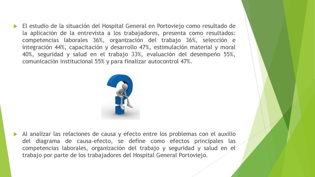 El estudio de la situación del Hospital General en Portoviejo como resultado de la aplicación de la entrevista a los trabajadores, presenta como resultados: competencias laborales 36%, organización del trabajo 36%, selección e integración 44%, capacitación y desarrollo 47%, estimulación material y moral 40%, seguridad y salud en el trabajo 33%, evaluación del desempeño 55%, comunicación institucional 55% y para finalizar autocontrol 47%.