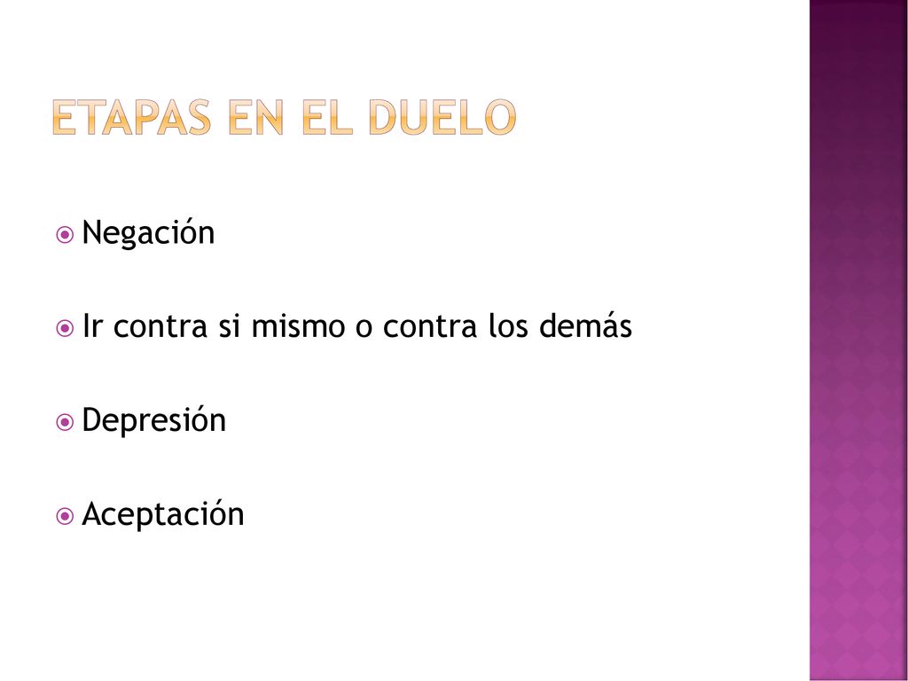 ETAPAS EN EL DUELO Negación Ir contra si mismo o contra los demás