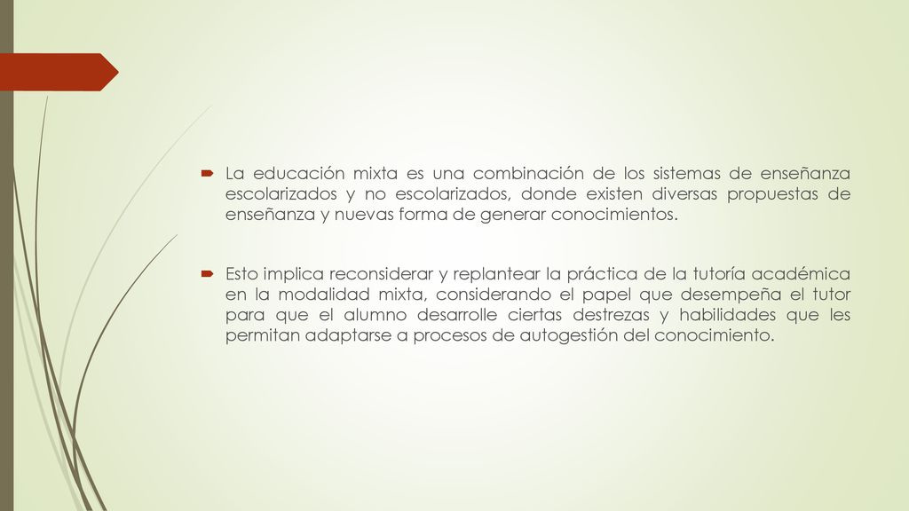 La educación mixta es una combinación de los sistemas de enseñanza escolarizados y no escolarizados, donde existen diversas propuestas de enseñanza y nuevas forma de generar conocimientos.