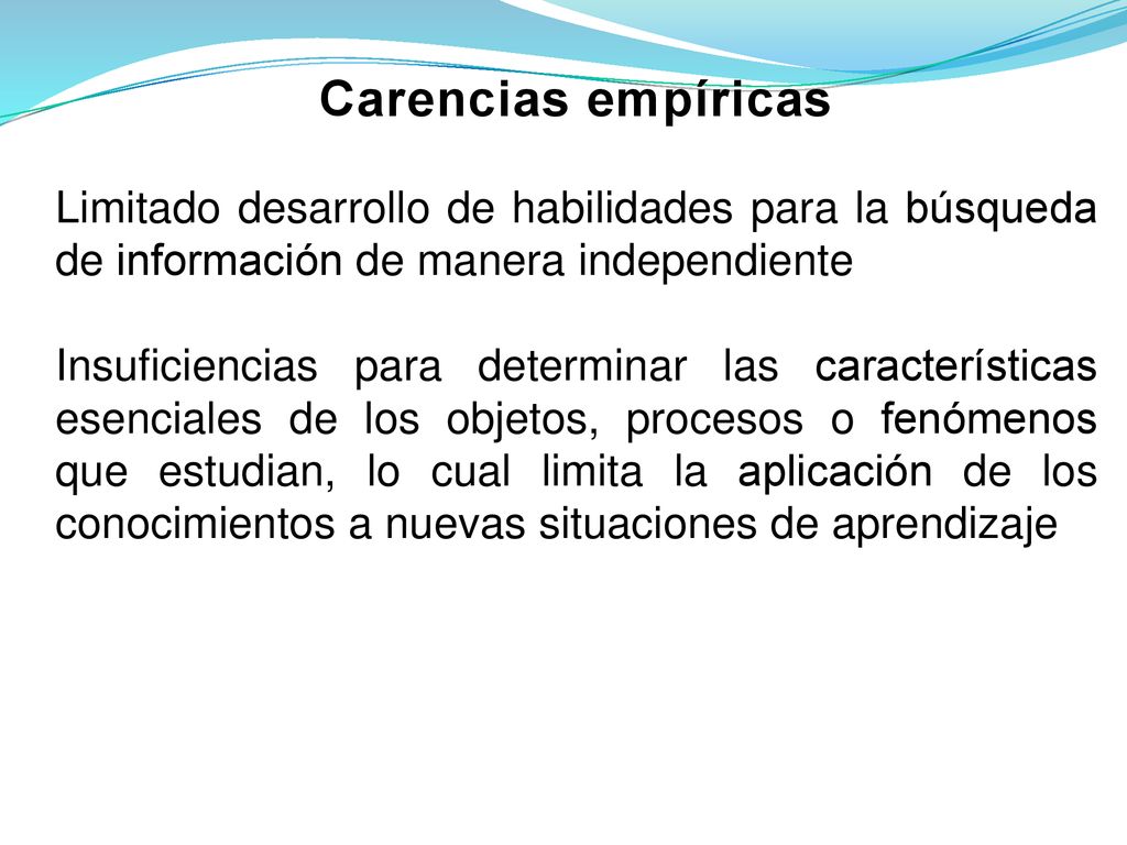 Carencias empíricas Limitado desarrollo de habilidades para la búsqueda de información de manera independiente.