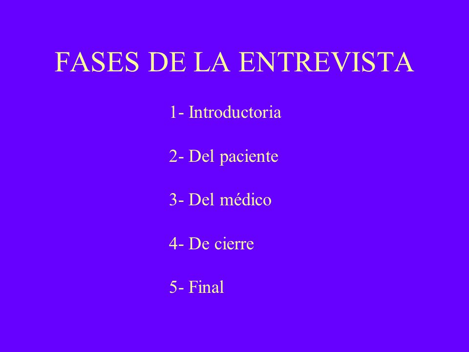 FASES DE LA ENTREVISTA 1- Introductoria 2- Del paciente 3- Del médico