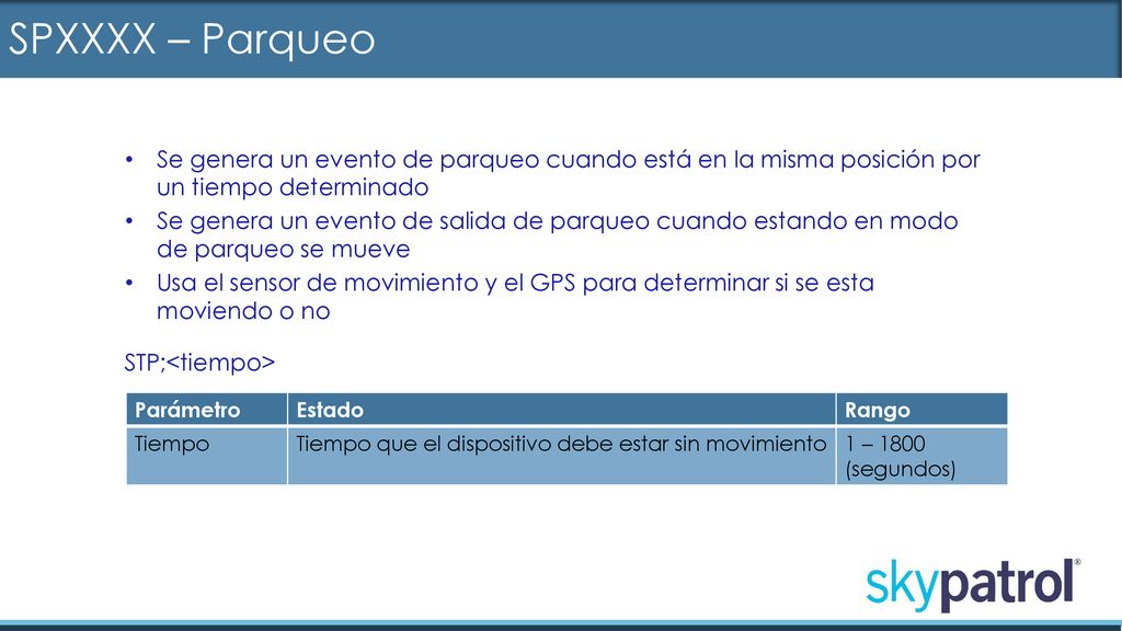 SPXXXX – Parqueo Se genera un evento de parqueo cuando está en la misma posición por un tiempo determinado.