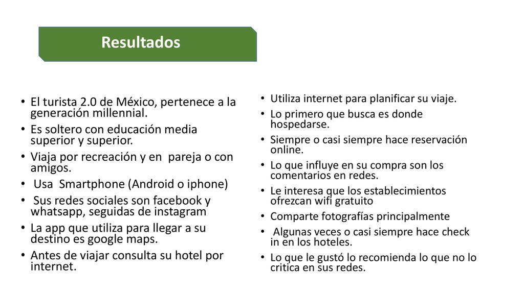 Resultados Utiliza internet para planificar su viaje. Lo primero que busca es donde hospedarse. Siempre o casi siempre hace reservación online.