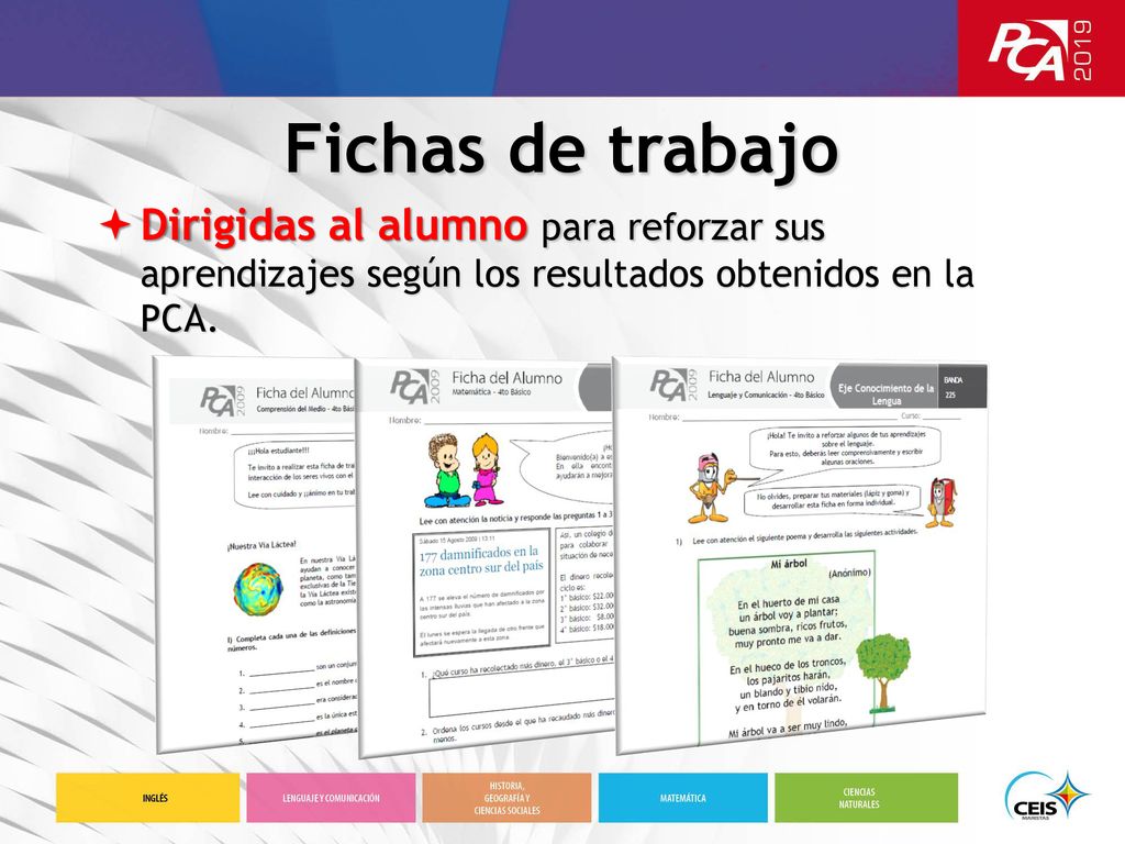 Fichas de trabajo Dirigidas al alumno para reforzar sus aprendizajes según los resultados obtenidos en la PCA.