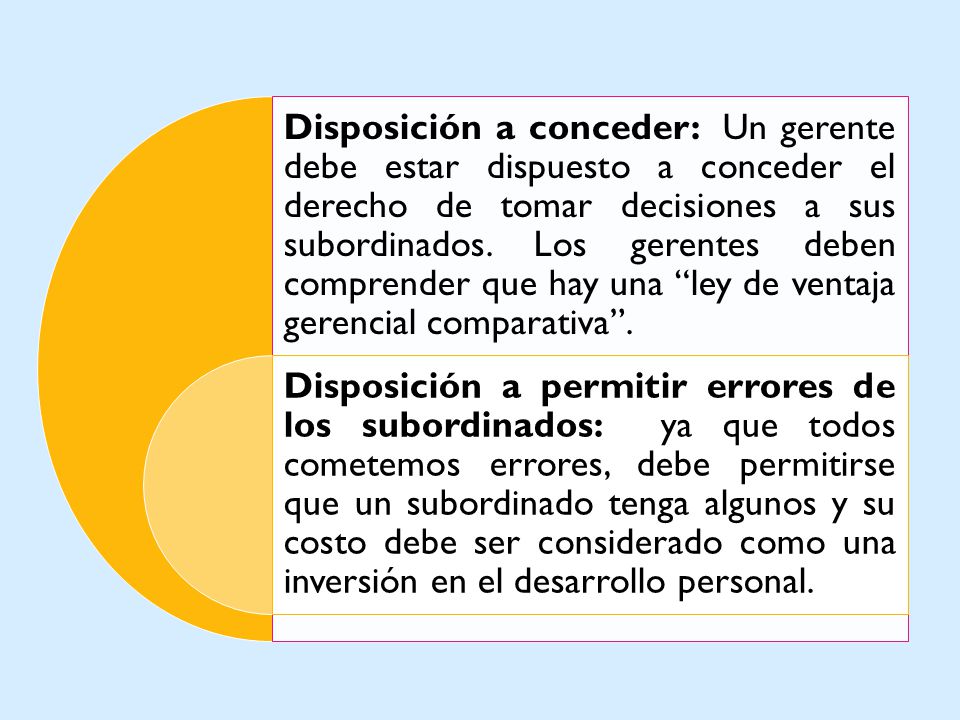 Disposición a conceder: Un gerente debe estar dispuesto a conceder el derecho de tomar decisiones a sus subordinados. Los gerentes deben comprender que hay una ley de ventaja gerencial comparativa .
