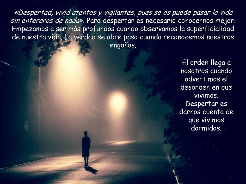 «Despertad, vivid atentos y vigilantes, pues se os puede pasar la vida sin enteraros de nada». Para despertar es necesario conocernos mejor. Empezamos a ser más profundos cuando observamos la superficialidad de nuestra vida. La verdad se abre paso cuando reconocemos nuestros engaños.