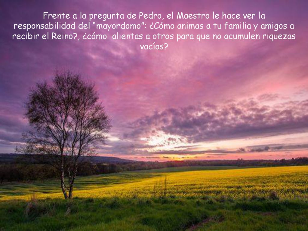 Frente a la pregunta de Pedro, el Maestro le hace ver la responsabilidad del mayordomo : ¿Cómo animas a tu familia y amigos a recibir el Reino , ¿cómo alientas a otros para que no acumulen riquezas vacías