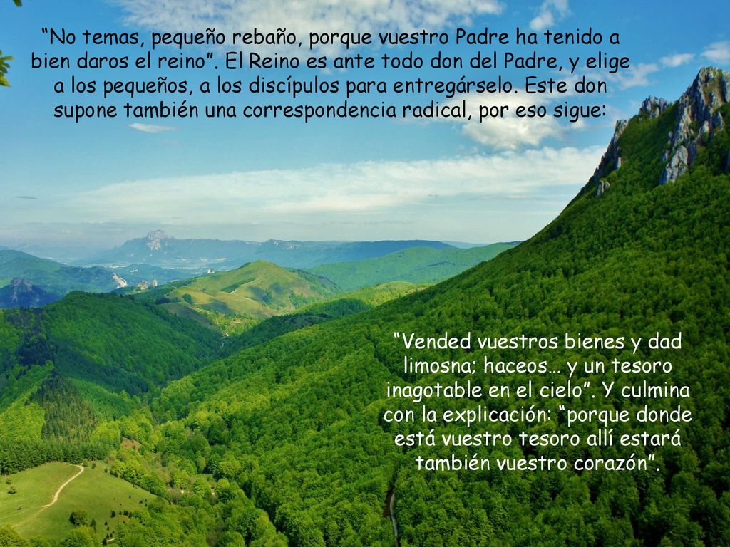 No temas, pequeño rebaño, porque vuestro Padre ha tenido a bien daros el reino . El Reino es ante todo don del Padre, y elige a los pequeños, a los discípulos para entregárselo. Este don supone también una correspondencia radical, por eso sigue: