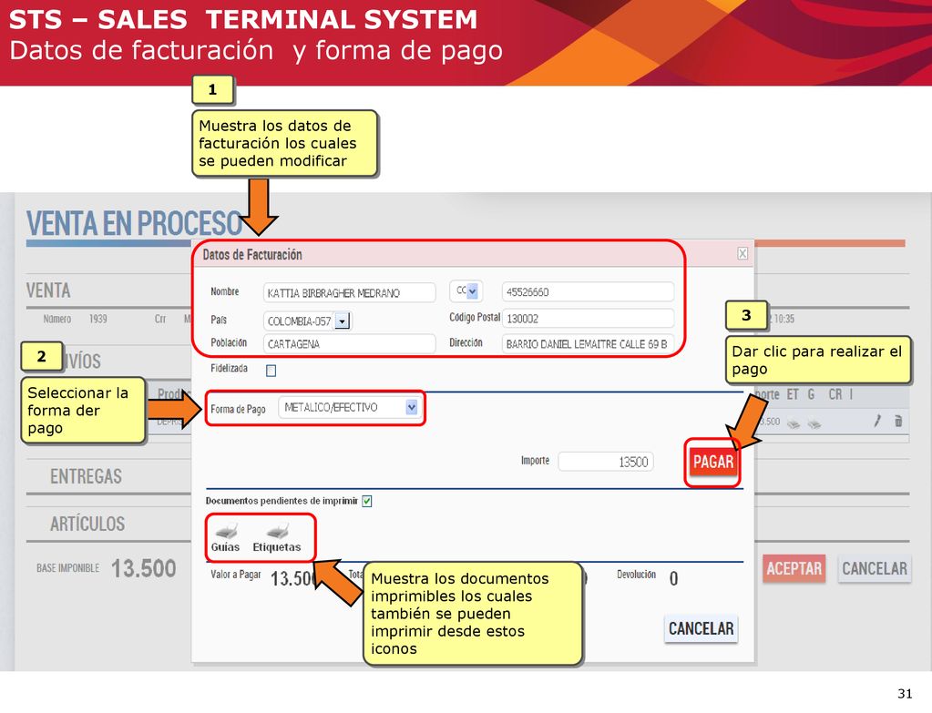 STS – SALES TERMINAL SYSTEM Datos de facturación y forma de pago