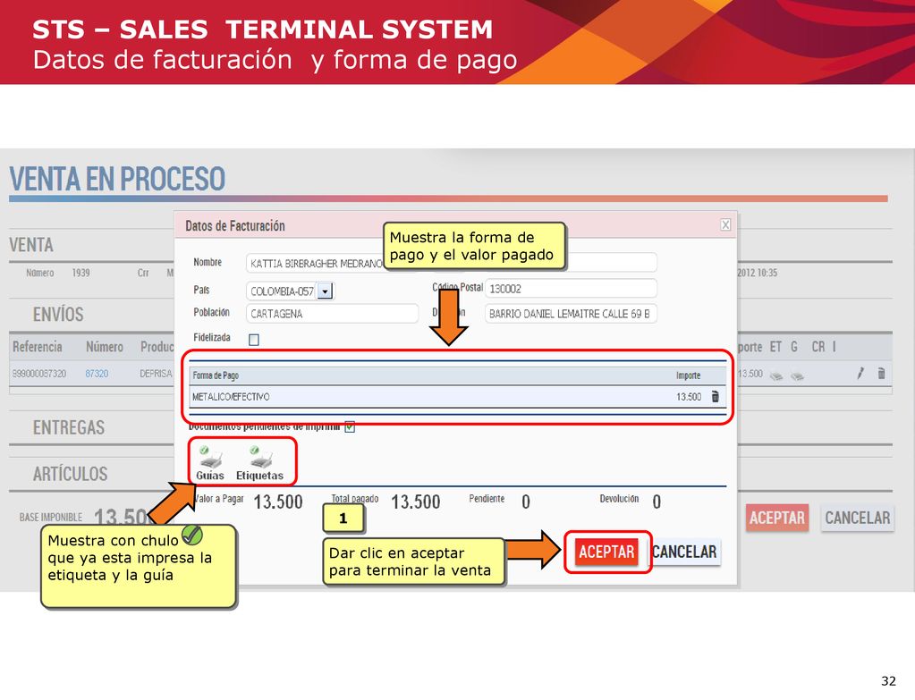 STS – SALES TERMINAL SYSTEM Datos de facturación y forma de pago