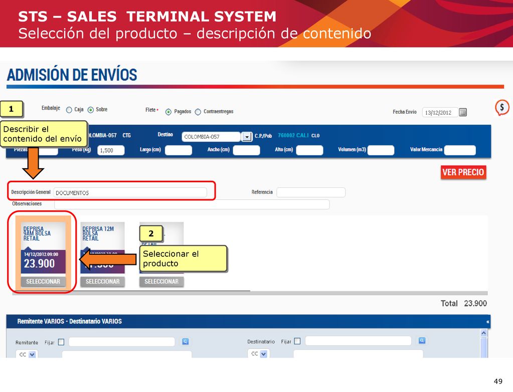 STS – SALES TERMINAL SYSTEM Selección del producto – descripción de contenido