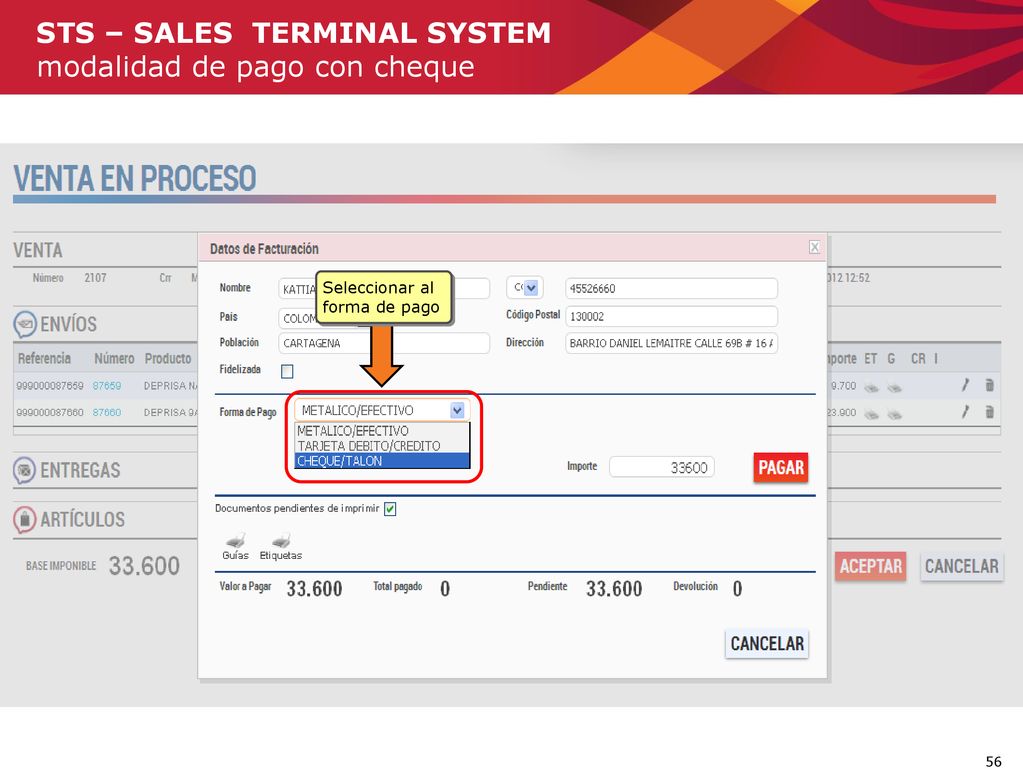 STS – SALES TERMINAL SYSTEM modalidad de pago con cheque